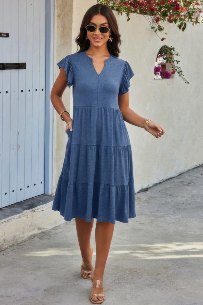 Solid v neck color block ruffle hem loose dress - image 1