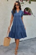 Solid V Neck Color Block Ruffle Hem Loose Dress