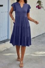 Solid V Neck Color Block Ruffle Hem Loose Dress