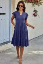 Solid V Neck Color Block Ruffle Hem Loose Dress