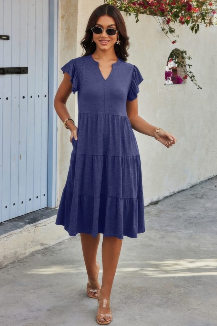 Solid v neck color block ruffle hem loose dress - image 6
