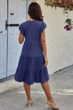 Solid V Neck Color Block Ruffle Hem Loose Dress