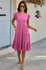 Solid V Neck Color Block Ruffle Hem Loose Dress