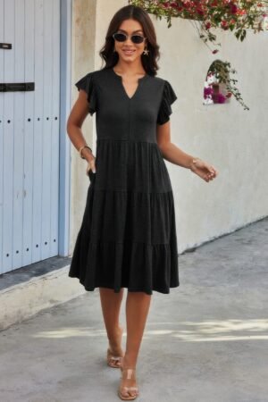 Solid V Neck Color Block Ruffle Hem Loose Dress