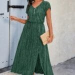 Solid V Neck Button Elastic Waist Pleated Dress