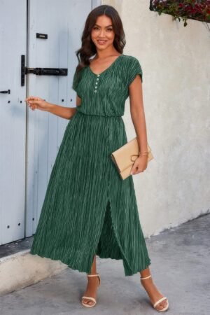 Solid V Neck Button Elastic Waist Pleated Dress