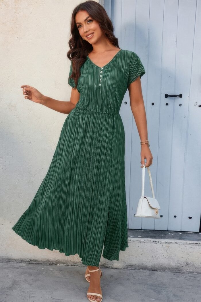 Solid v neck button elastic waist pleated dress - image 3