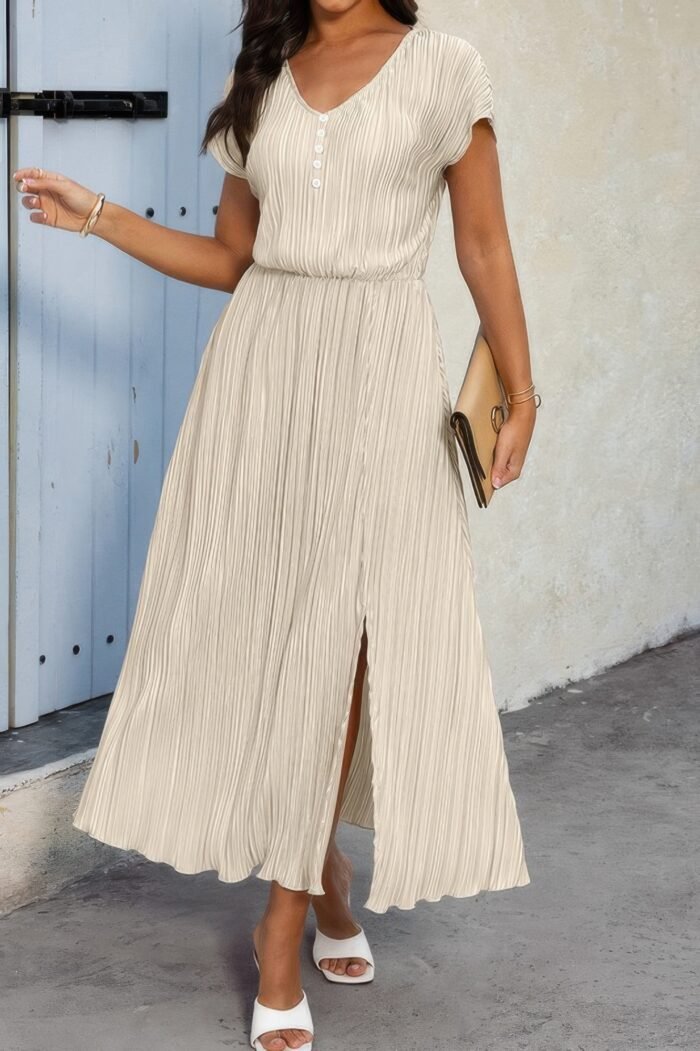 Solid v neck button elastic waist pleated dress - image 6