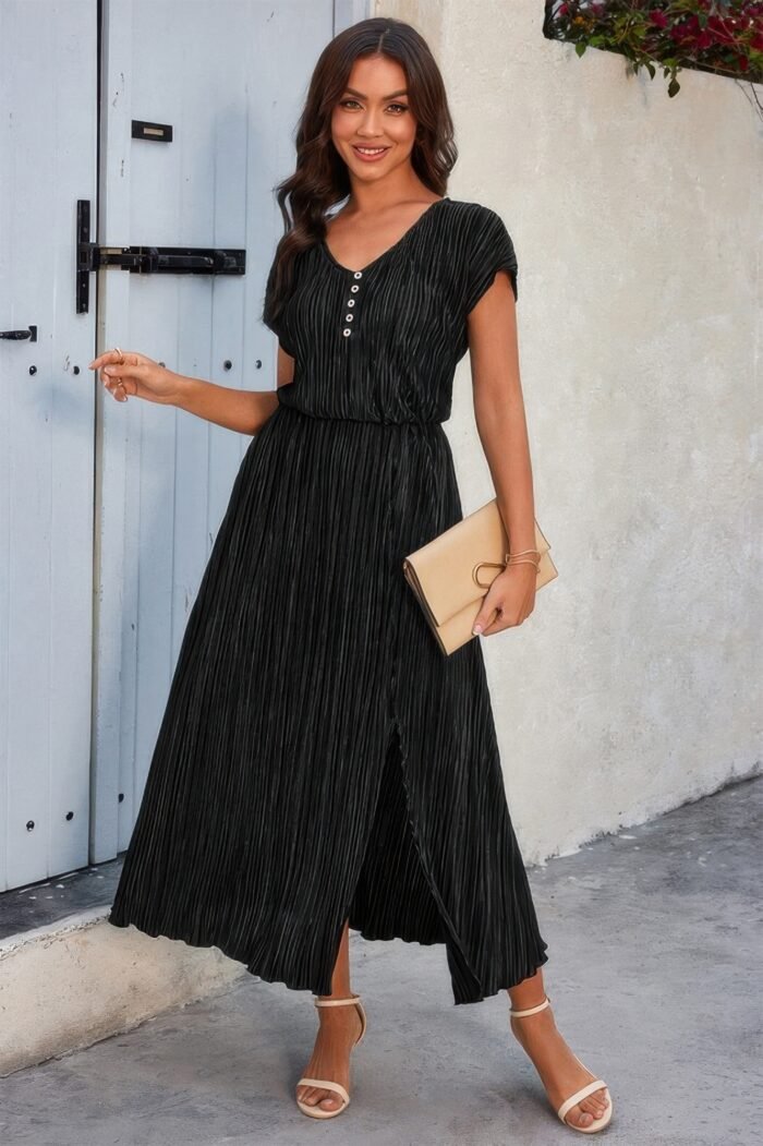 Solid v neck button elastic waist pleated dress - image 10