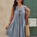 Round Neck Knot Cut Out Pleated Loose Fit Dress