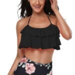 Halter Ruffle High Waisted Leaves Print Swimsuit