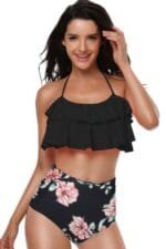 Halter Ruffle High Waisted Leaves Print Swimsuit