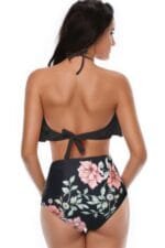 Halter Ruffle High Waisted Leaves Print Swimsuit