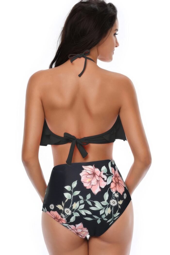 Halter ruffle high waisted leaves print swimsuit - image 3