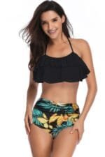 Halter Ruffle High Waisted Leaves Print Swimsuit