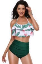 Halter Ruffle High Waisted Leaves Print Swimsuit