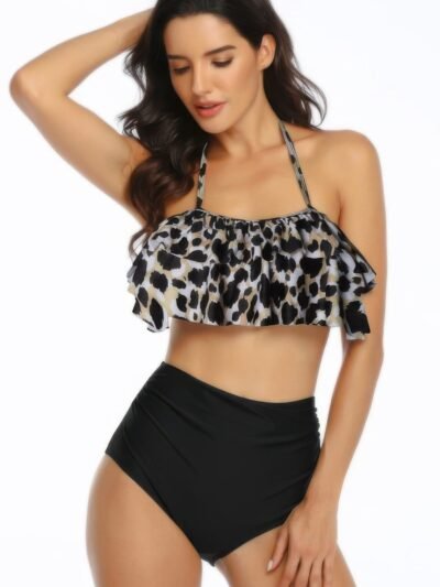 Halter Ruffle High Waisted Leaves Print Swimsuit