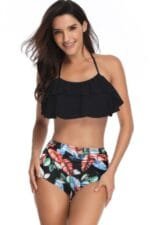 Halter Ruffle High Waisted Leaves Print Swimsuit