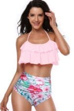 Halter Ruffle High Waisted Leaves Print Swimsuit