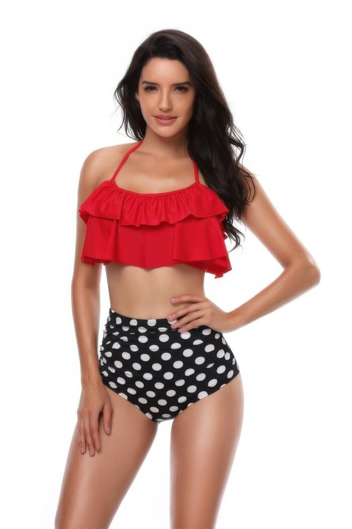 Halter ruffle high waisted leaves print swimsuit - image 11