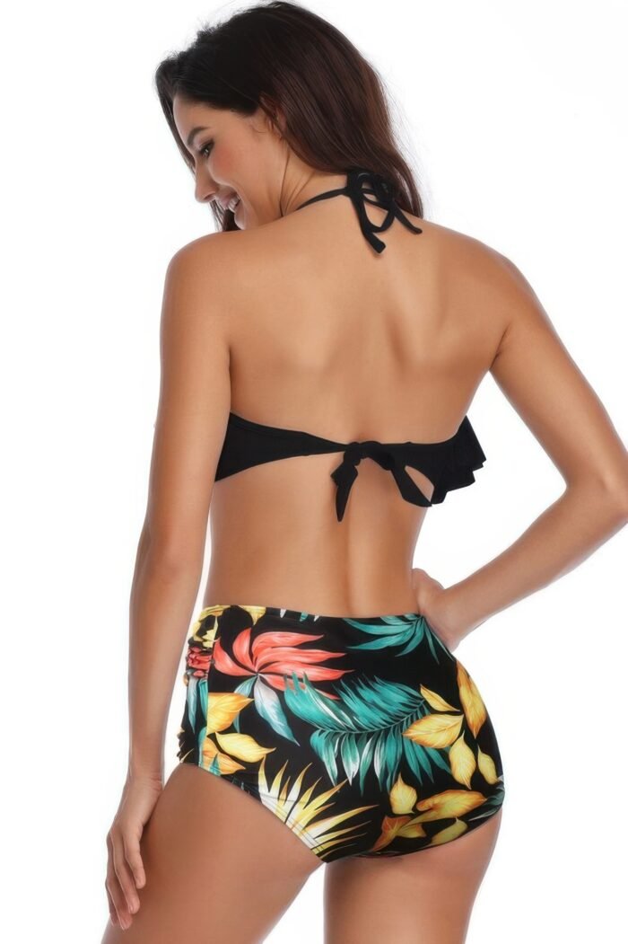 Halter ruffle high waisted leaves print swimsuit - image 13