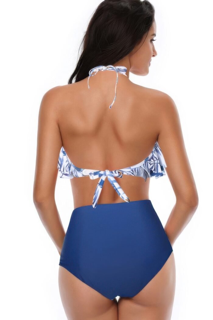 Halter ruffle high waisted leaves print swimsuit - image 15