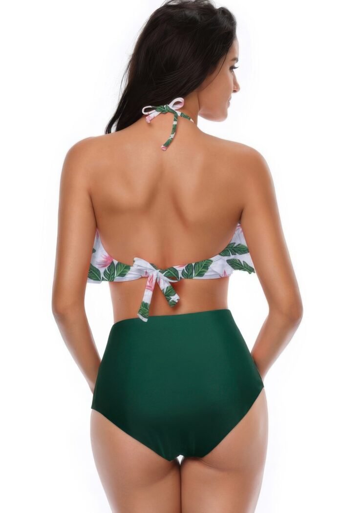 Halter ruffle high waisted leaves print swimsuit - image 16