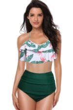 Halter Ruffle High Waisted Leaves Print Swimsuit