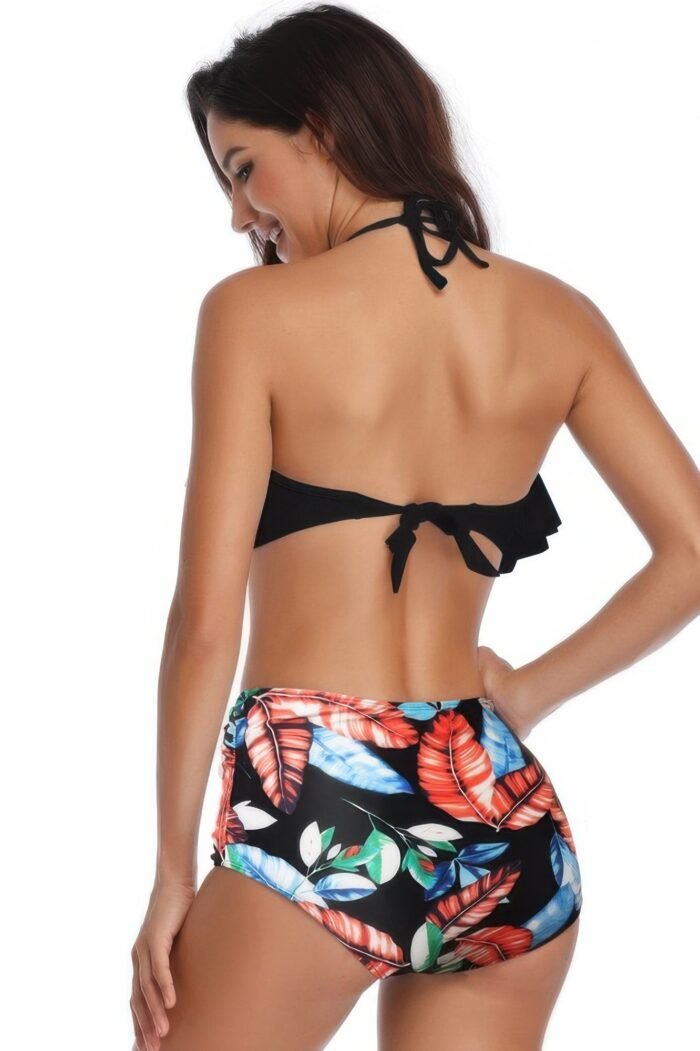 Halter ruffle high waisted leaves print swimsuit - image 22