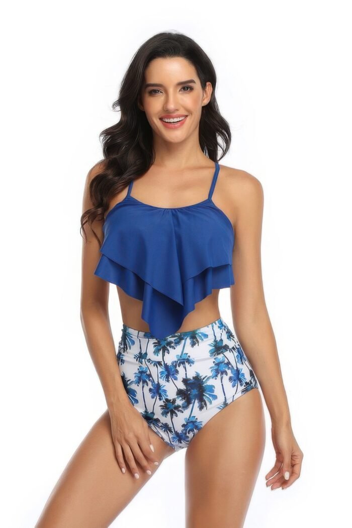 Print sleeveless ruffle push up high waisted bikini - image 1