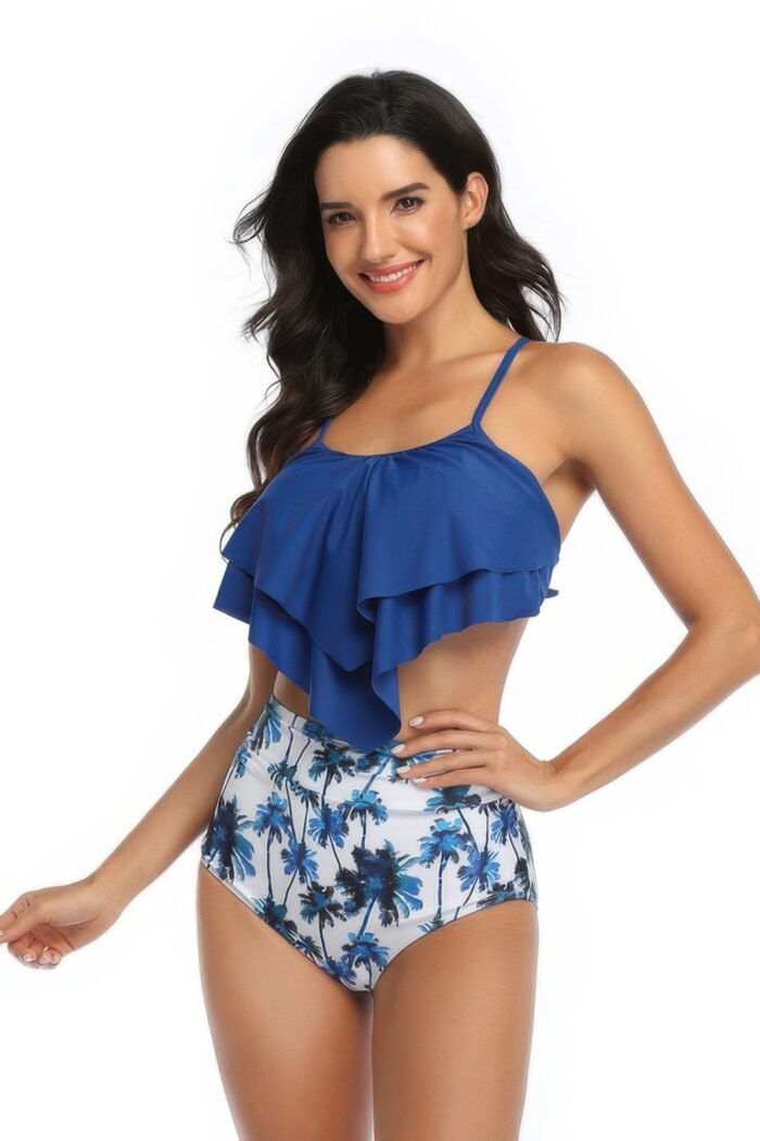 Print sleeveless ruffle push up high waisted bikini - image 2