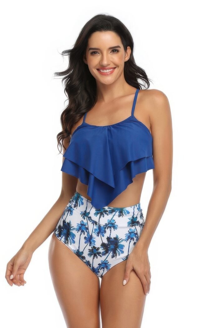Print sleeveless ruffle push up high waisted bikini - image 3