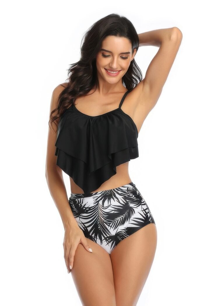 Print sleeveless ruffle push up high waisted bikini - image 5