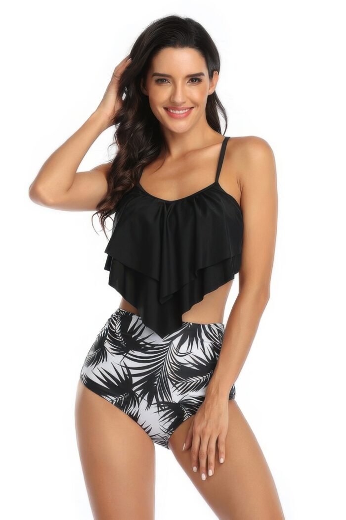 Print sleeveless ruffle push up high waisted bikini - image 7