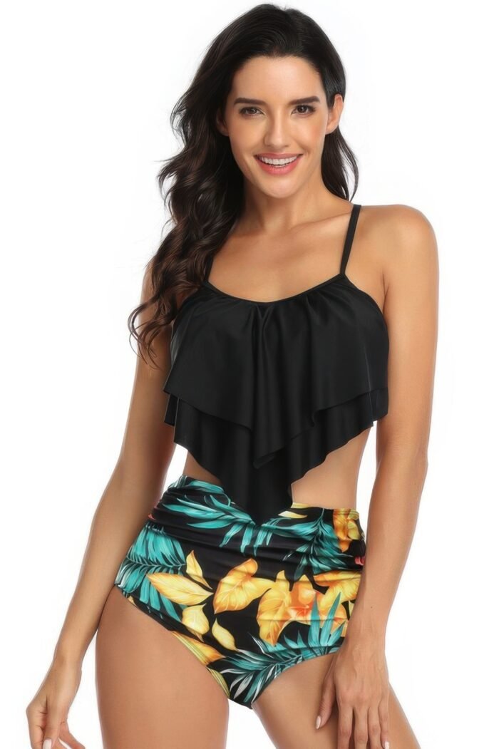 Print sleeveless ruffle push up high waisted bikini - image 14