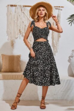 Square Neck Leopard Cut Out Elastic Waist Dress