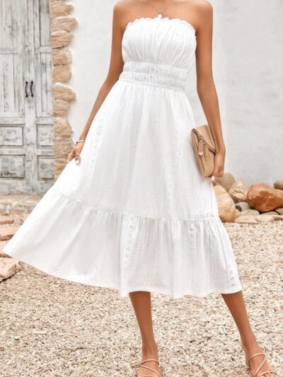 Solid Off Shoulder Elasit Waist Ruffle Dress
