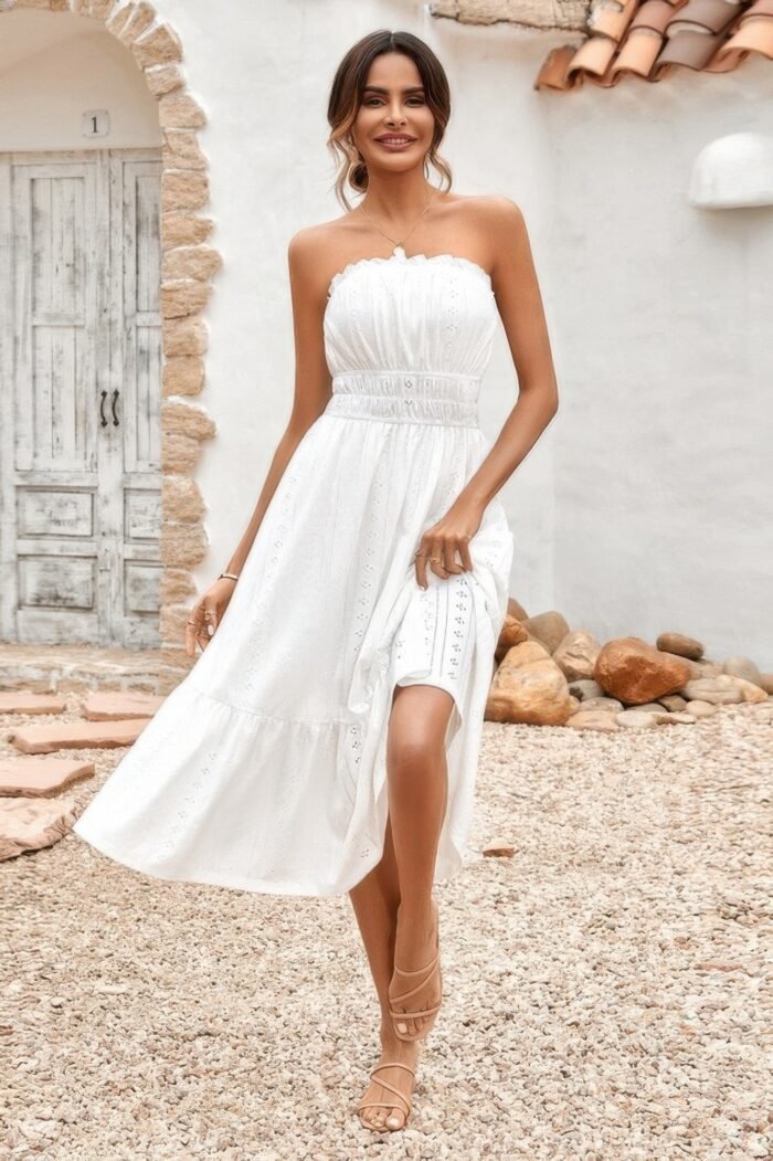 Solid Off Shoulder Elasit Waist Ruffle Dress - Image 3
