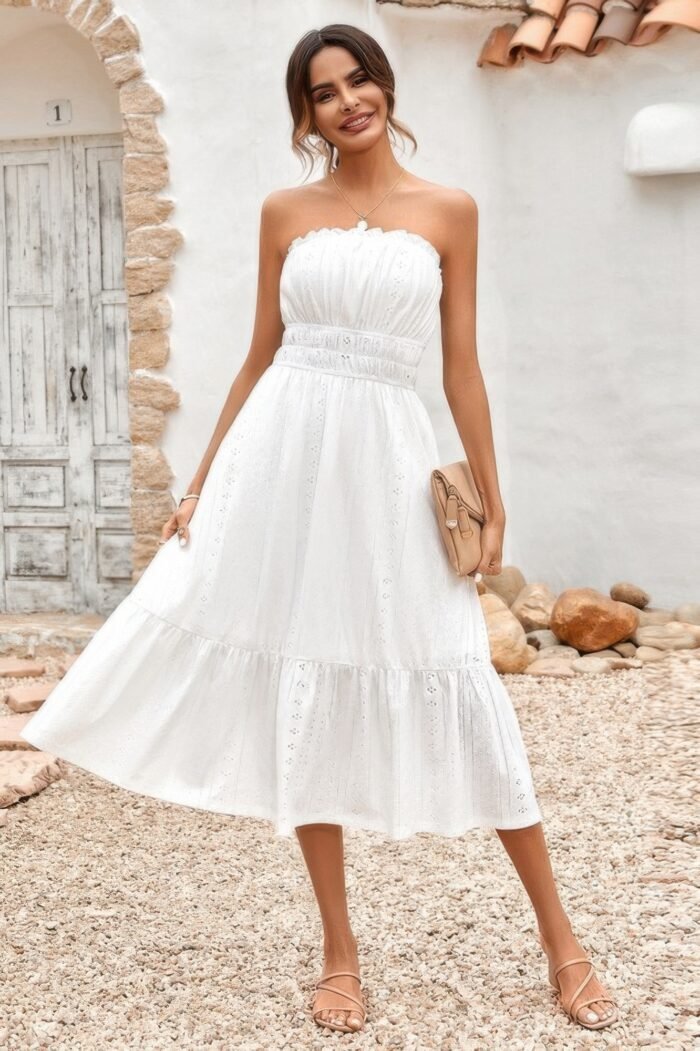 Solid Off Shoulder Elasit Waist Ruffle Dress - Image 4