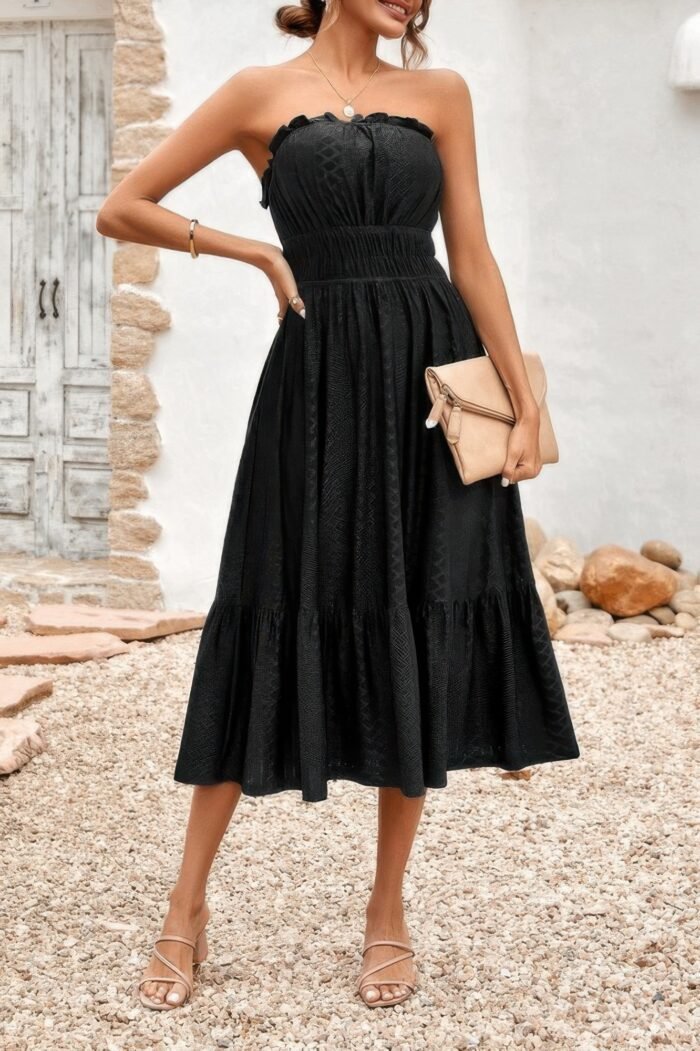 Solid Off Shoulder Elasit Waist Ruffle Dress - Image 6