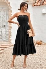 Solid Off Shoulder Elasit Waist Ruffle Dress