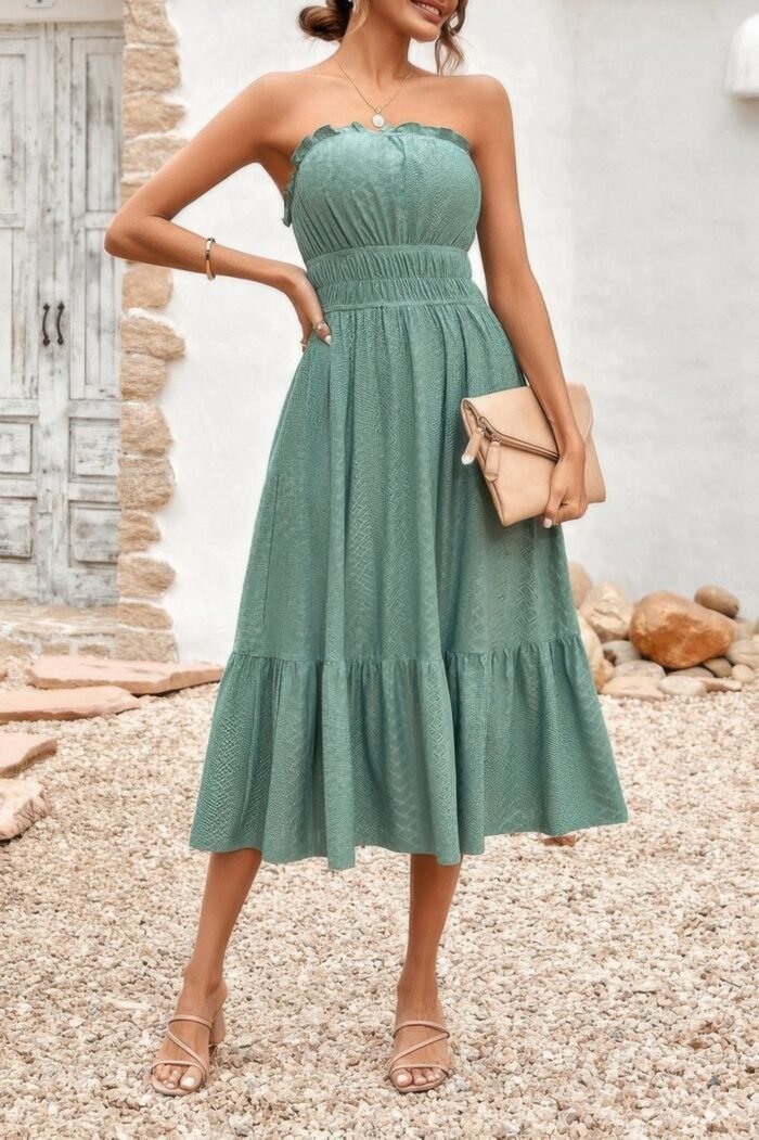 Solid Off Shoulder Elasit Waist Ruffle Dress - Image 13
