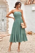 Solid Off Shoulder Elasit Waist Ruffle Dress