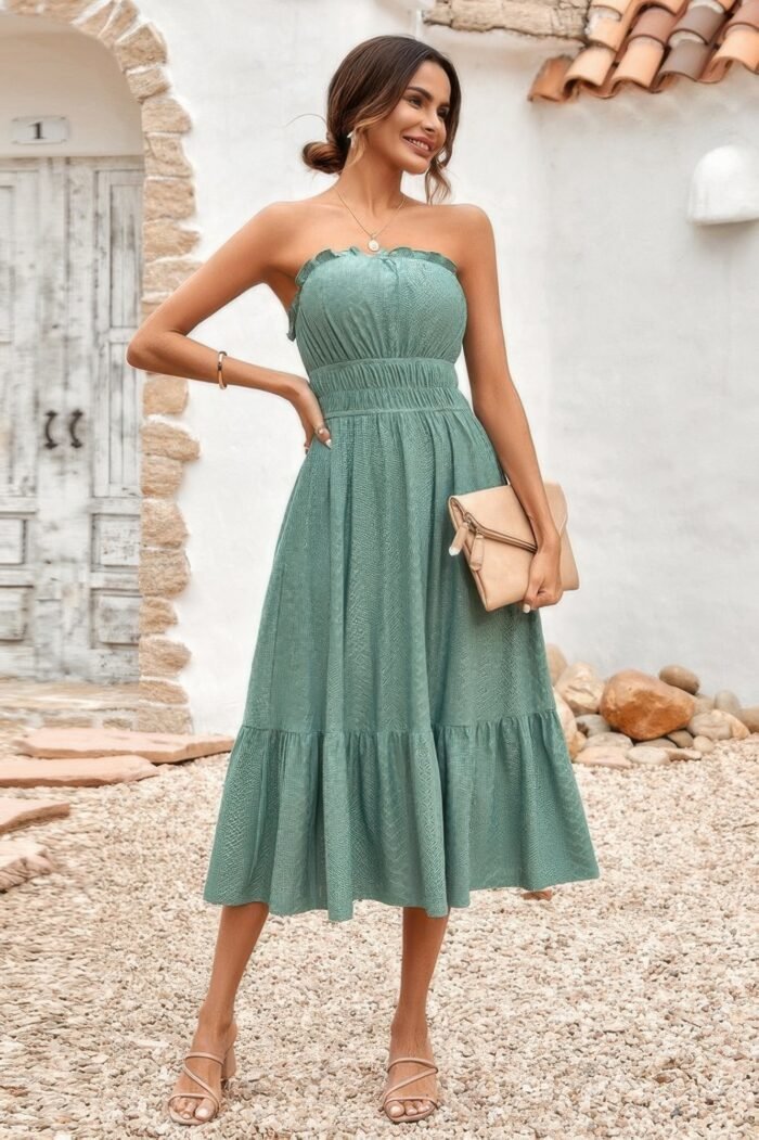 Solid Off Shoulder Elasit Waist Ruffle Dress - Image 15