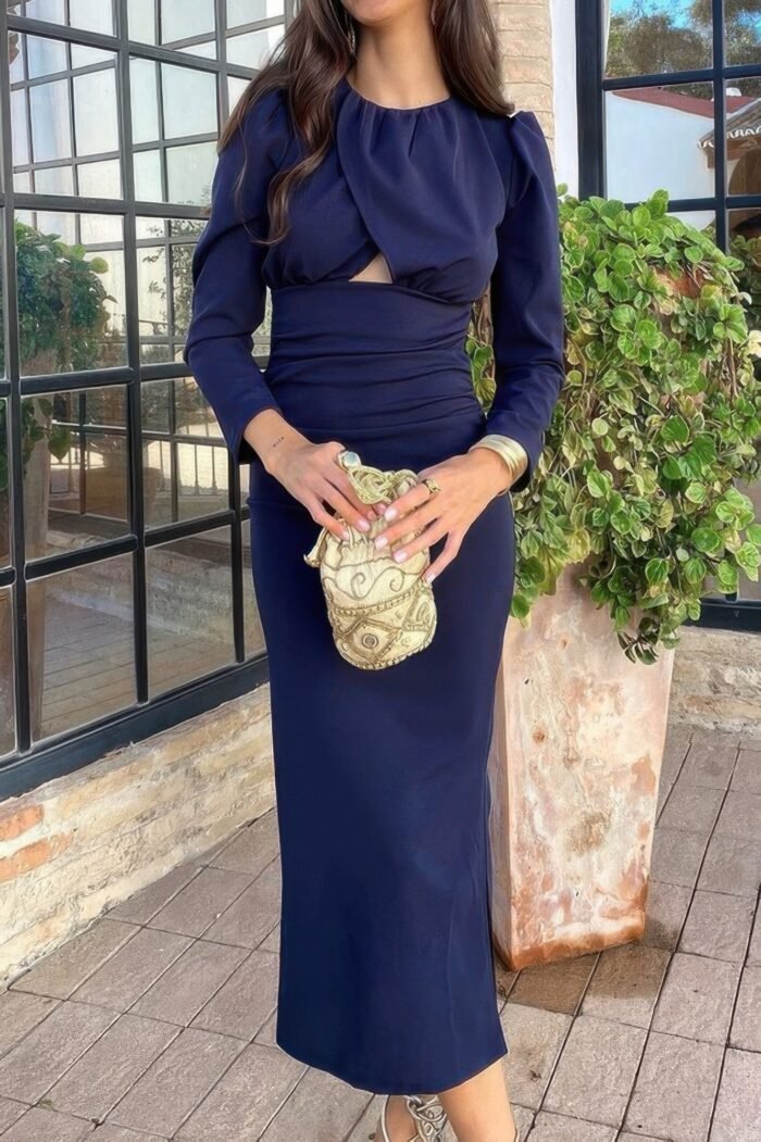 Round Neck Crossover Cut Out Slit Puff Sleeve Dress - Image 4