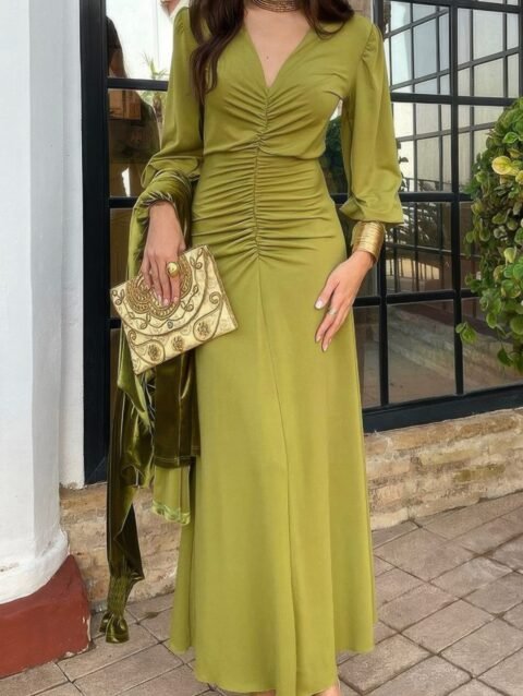 Solid Ruched V Neck Tight Waist Fit Dress