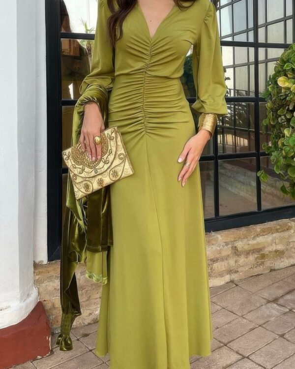 Solid Ruched V Neck Tight Waist Fit Dress