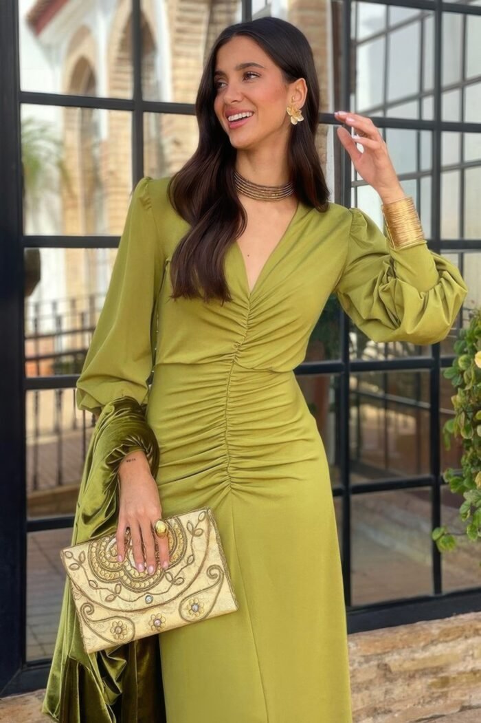 Solid Ruched V Neck Tight Waist Fit Dress - Image 2