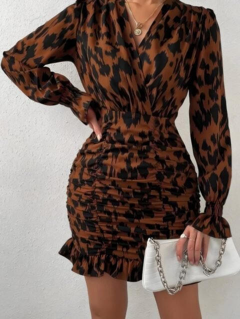 Leopard Mini Dress - Ruched Ruffled Leopard Long Sleeve Fit Dress
