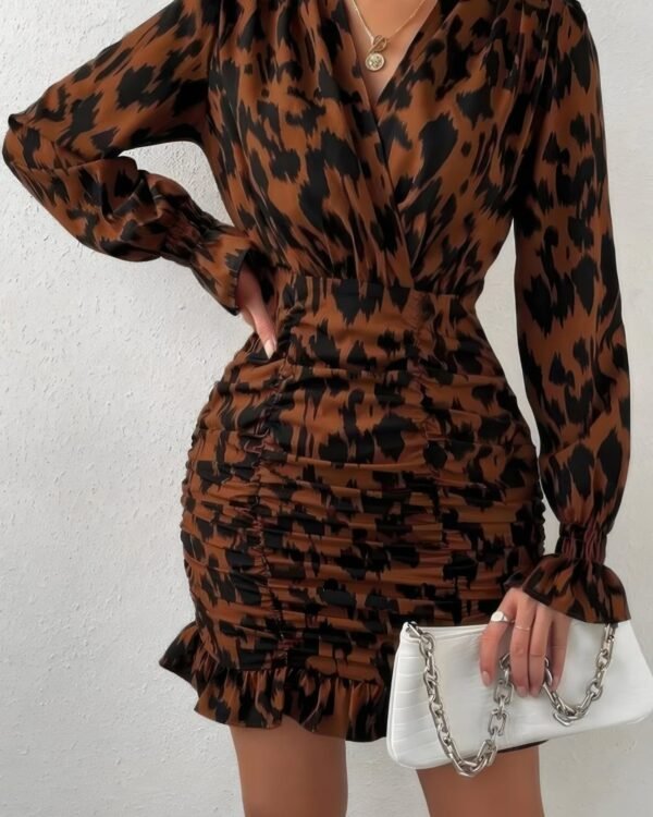 Ruched Ruffled Leopard Long Sleeve Fit Dress